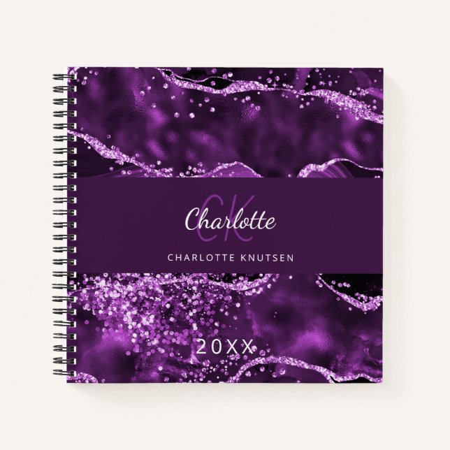 Purple agate marble monogram notebook (Front)