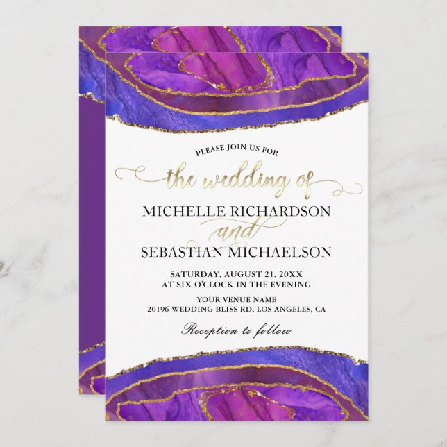 Purple Agate Modern Watercolor Gold Wedding Invitation (Front/Back)