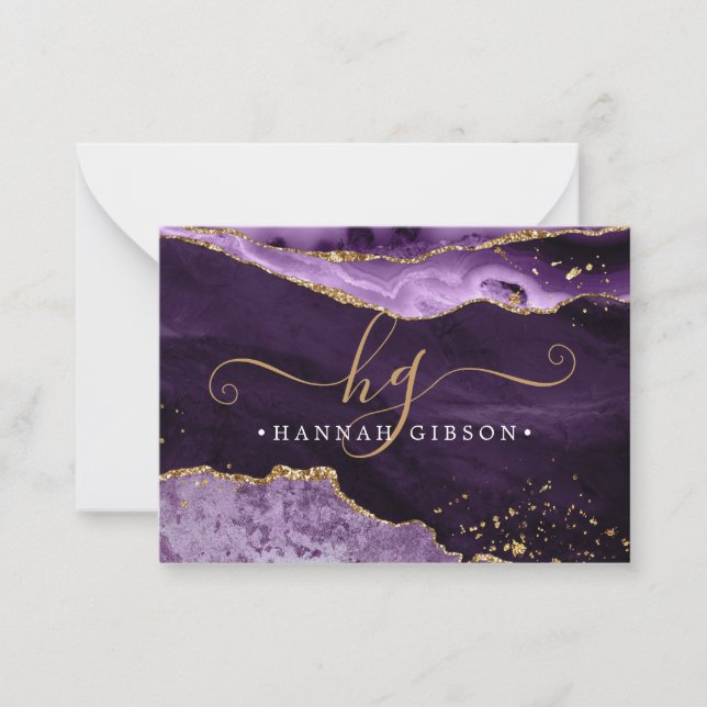 Purple Agate Monogram Fancy Script Gold Glitter Card (Front)