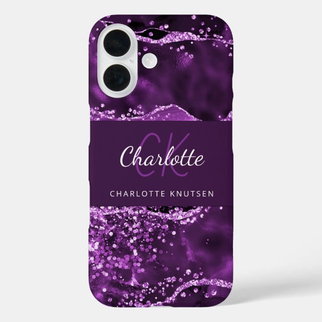Purple agate pink marble monogram name Case-Mate iPhone case (Back)
