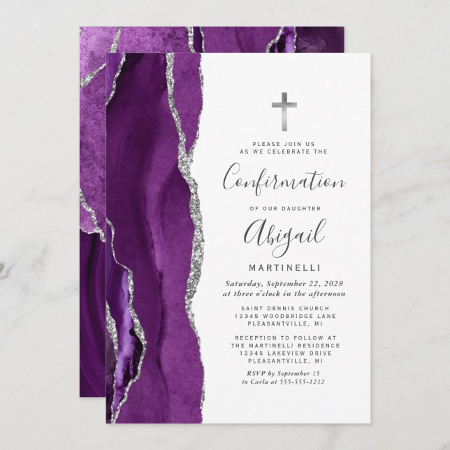 Purple Agate Silver Glitter Confirmation Invitation (Front/Back)