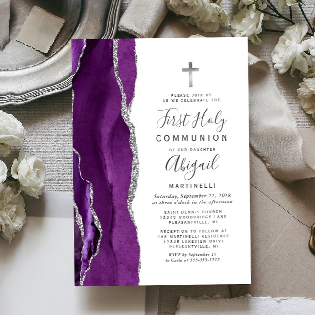 Purple Agate Silver Glitter First Holy Communion Invitation (Creator Uploaded)