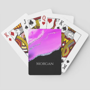 Purple Agate, Silver Glitter & Name on Black Playing Cards