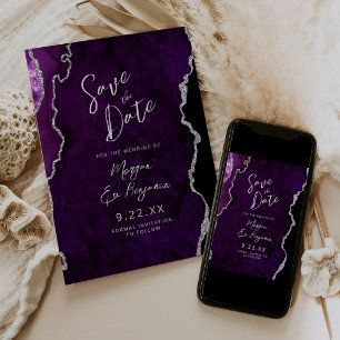 Purple Agate Silver Script Wedding Save the Date Invitation