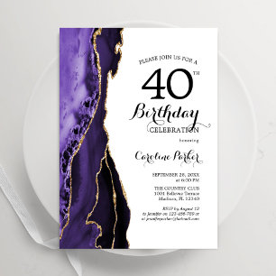 Purple Agate White Gold 40th Birthday Invitation