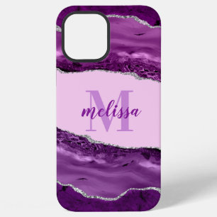 Purple Agate with Silver Glitter Monogrammed iPhone 12 Pro Max Case