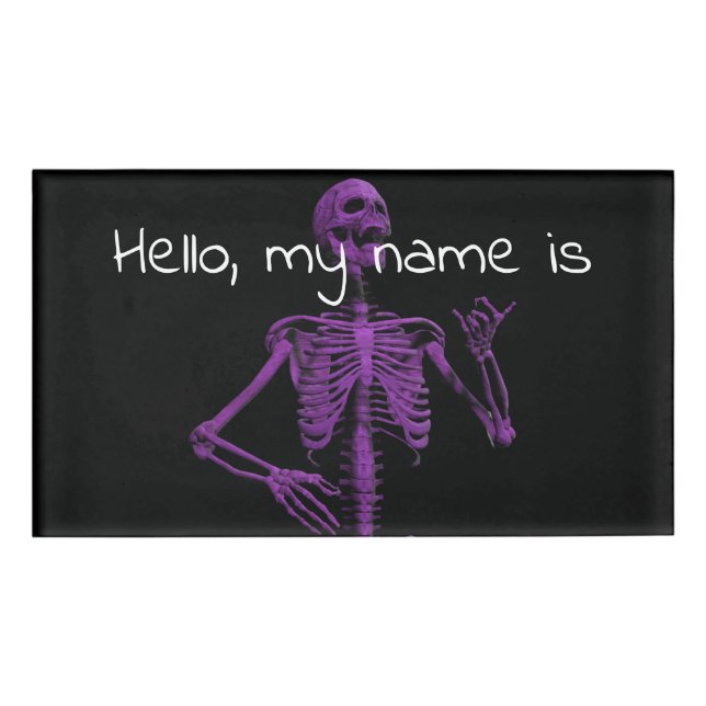 Purple air guitar skeleton name tag (Front)