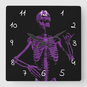 Purple air guitar skeleton square wall clock