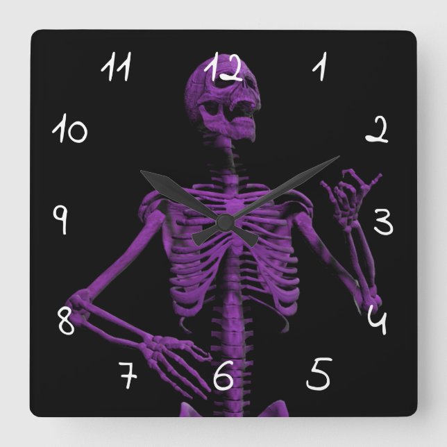Purple air guitar skeleton square wall clock (Front)