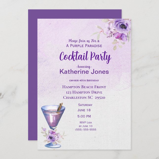 Purple Alexander Birthday Cocktail Party   Invitation (Front/Back)