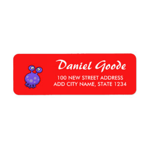 Purple alien custom details on red return address label