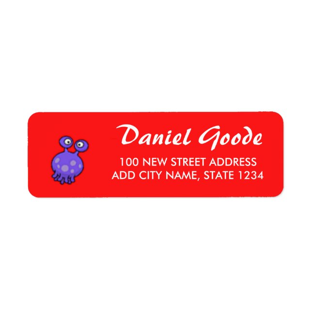 Purple alien custom details on red return address label (Front)