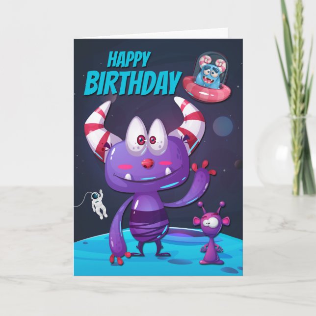 Purple Alien with Spaceship for Happy Birthday Card (Front)