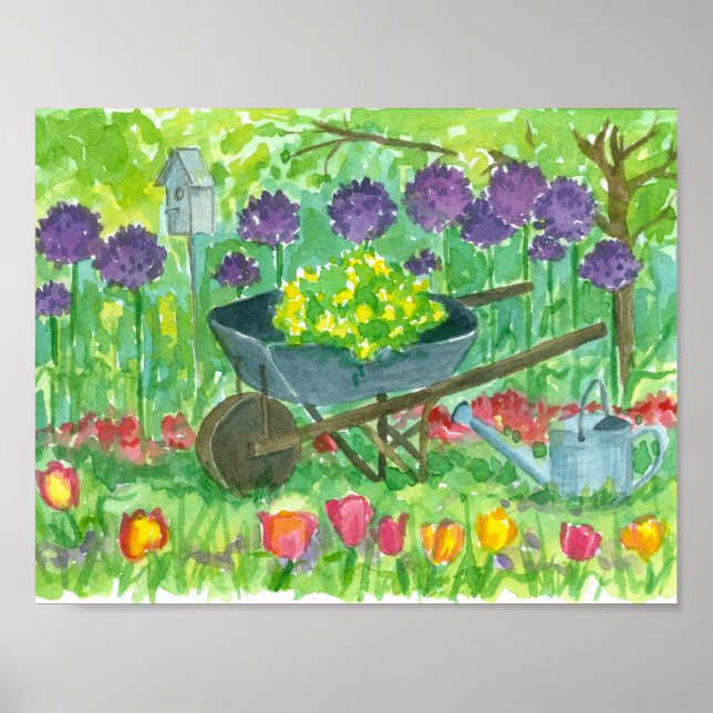 Purple Allium Flowers Wheelbarrow Garden Painting Poster (Front)
