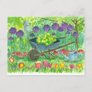 Purple Allium Flowers Wheelbarrow Watercolor Postcard