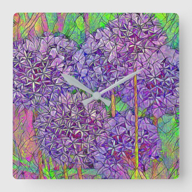 Purple Allium Mosaic with Watercolor Effects Square Wall Clock (Front)