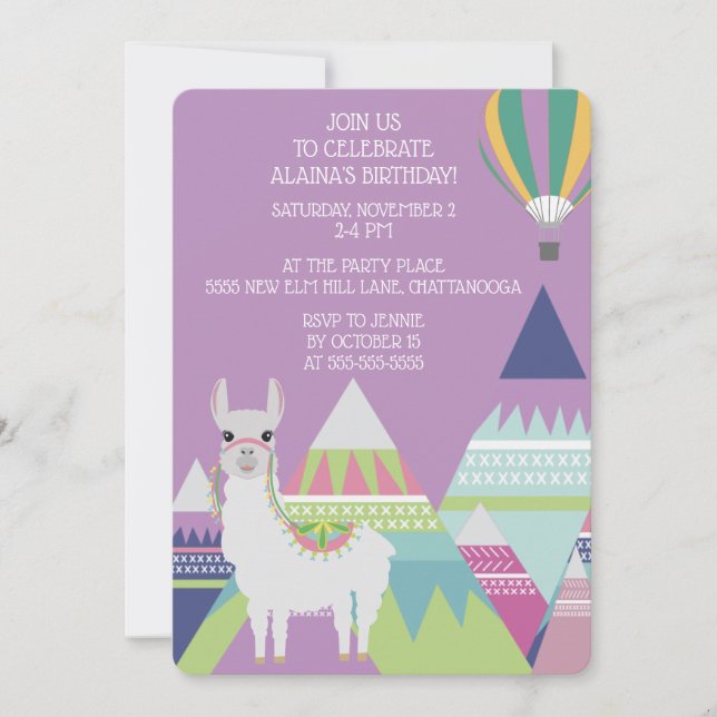 Purple Alpaca Balloon Little Girl Birthday Invitation (Front)