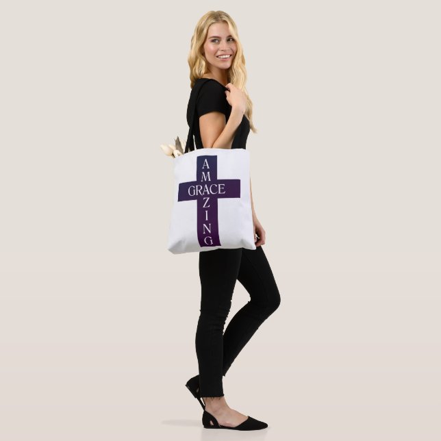 purple AMAZING GRACE with cross imagery | Tote Bag (On Model)