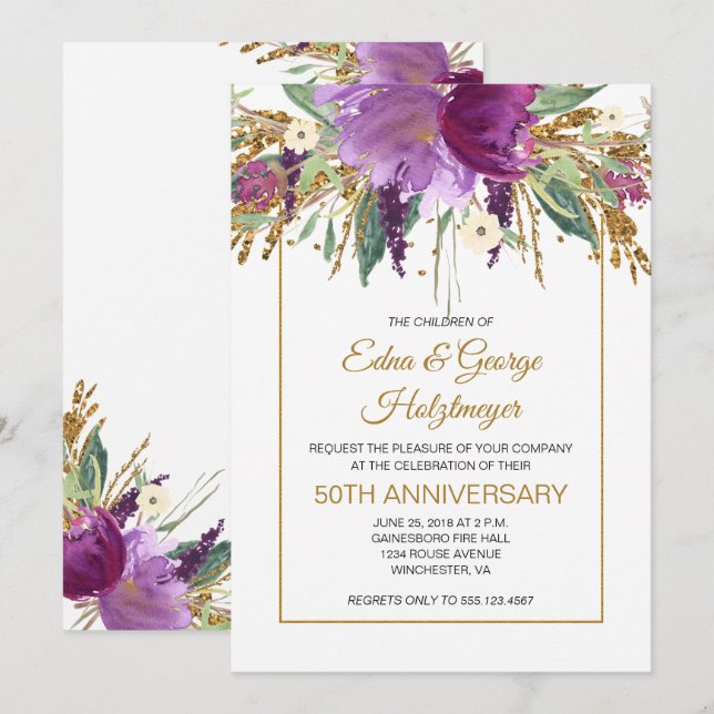 Purple Amethyst and Gold 50th Wedding Anniversary Invitation (Front/Back)