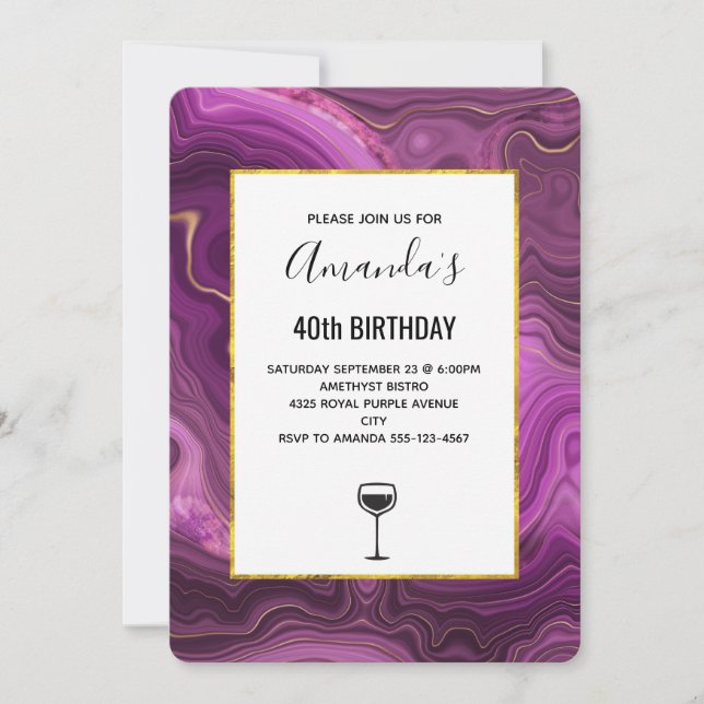  Purple Amethyst And Gold Abstract Agate Birthday Invitation (Front)