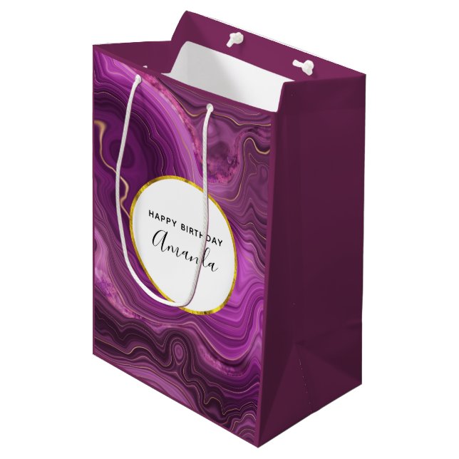 Purple Amethyst And Gold Abstract Agate Birthday Medium Gift Bag (Front Angled)