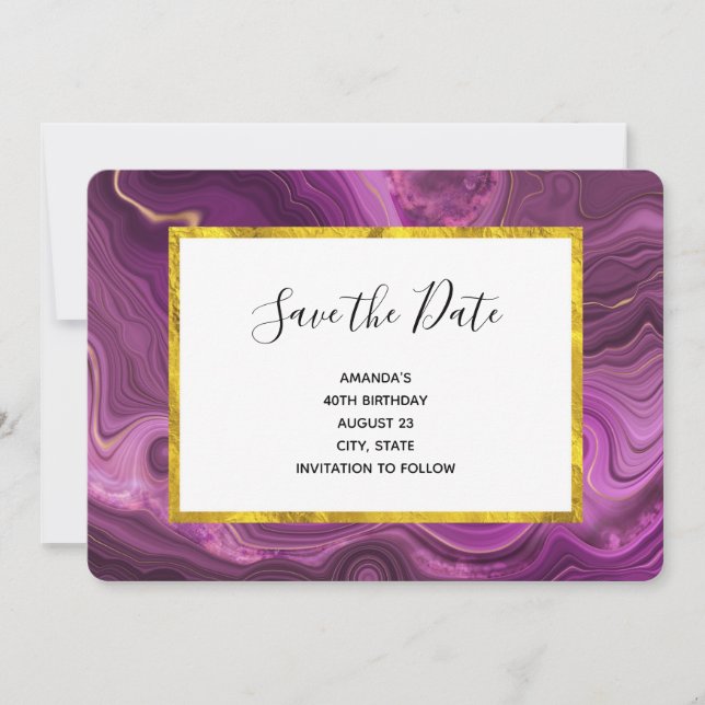 Purple Amethyst And Gold Abstract Agate Birthday Save The Date (Front)