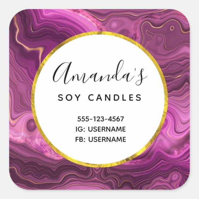 Purple Amethyst And Gold Abstract Agate Business Square Sticker (Front)