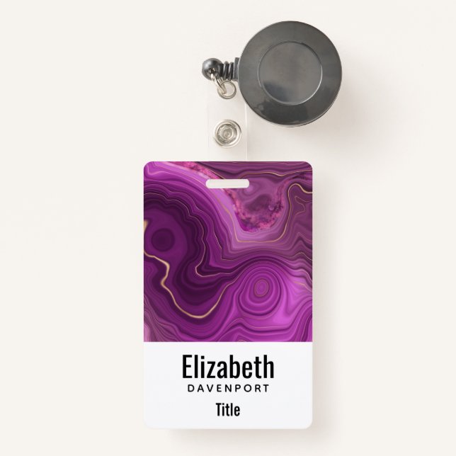  Purple Amethyst And Gold Abstract Agate ID Badge (Front with Retractable)