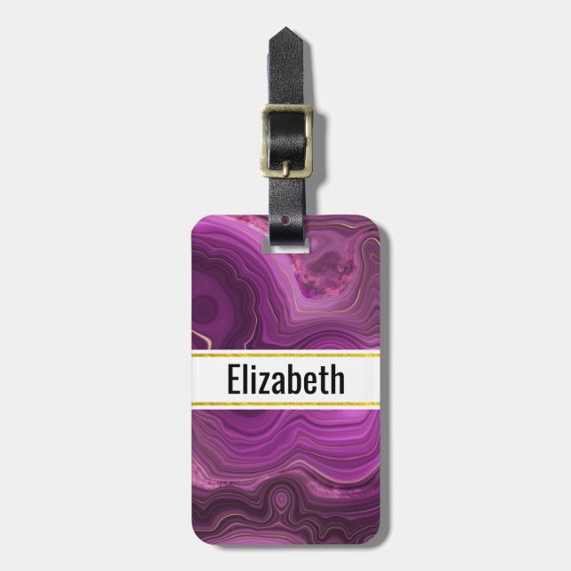 Purple Amethyst And Gold Abstract Agate Luggage Tag (Front Vertical)