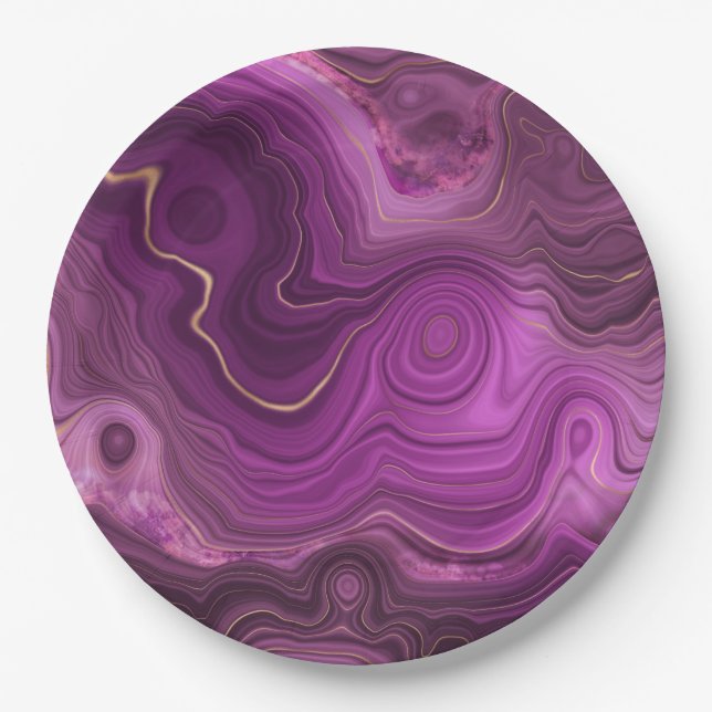 Purple Amethyst And Gold Abstract Agate Paper Plate (Front)