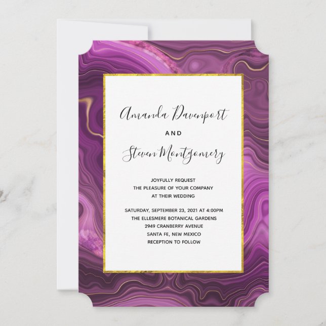Purple Amethyst And Gold Abstract Agate Wedding In Invitation (Front)
