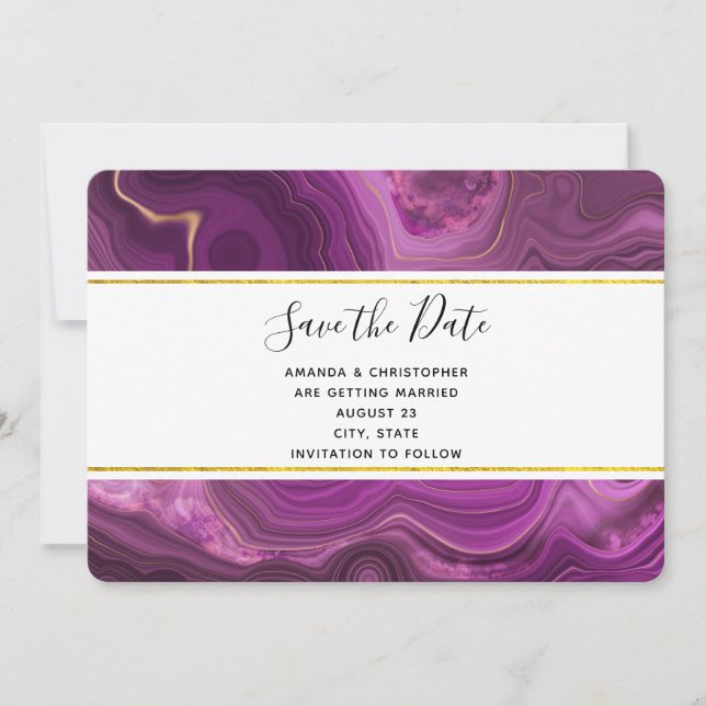 Purple Amethyst And Gold Abstract Agate Wedding Save The Date (Front)
