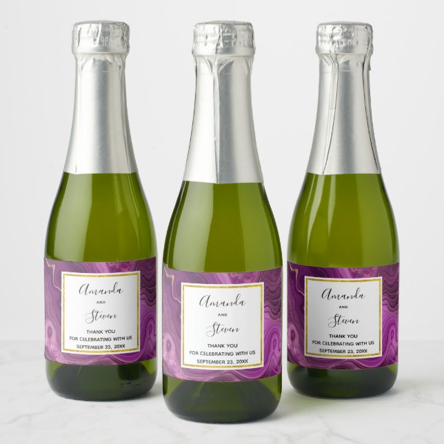 Purple Amethyst And Gold Abstract Agate Wedding Sparkling Wine Label (Bottles)