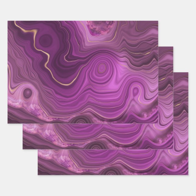 Purple Amethyst And Gold Abstract Agate Wrapping Paper Sheet (Set)