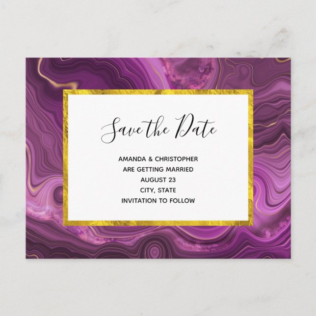 Purple Amethyst And Gold Abstract Save the Date Invitation Postcard (Front)