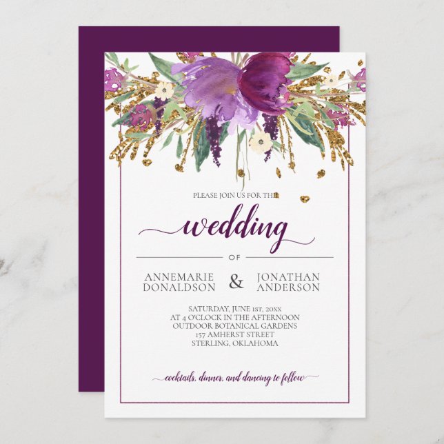 Purple Amethyst and Gold Floral Framed Wedding Invitation (Front/Back)