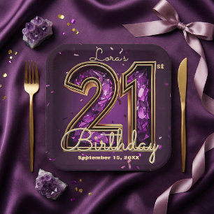 Purple Amethyst Crystal Gold 21st Birthday Paper Plate