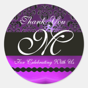 PURPLE AMETHYST DAMASK MONOGRAM Thank You Classic Round Sticker