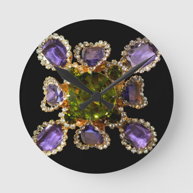Purple Amethyst Diamonds Emeralds jewellery  Round Clock (Front)