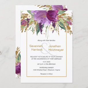Purple Amethyst Floral Gold Glitter Spring Wedding Invitation