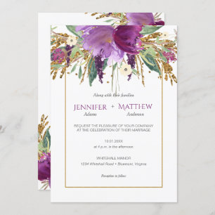 Purple Amethyst Floral Gold Glitter Spring Wedding Invitation