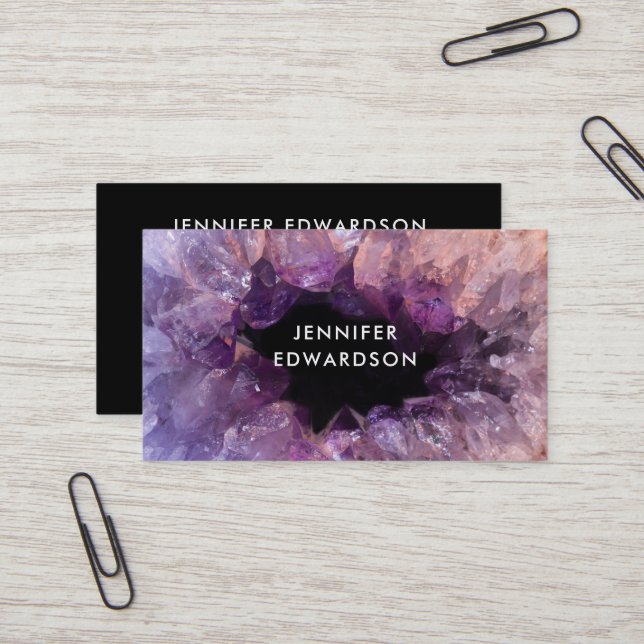Purple amethyst gemstone black professional business card (Front/Back In Situ)