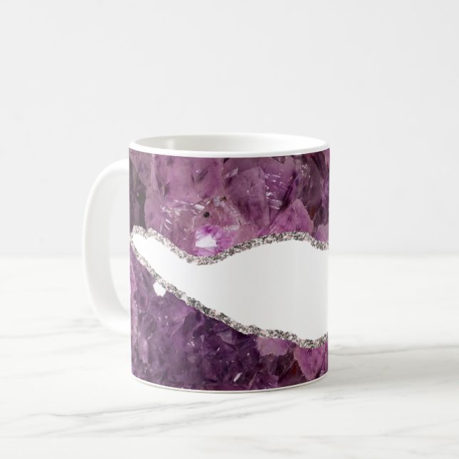 Purple amethyst gemstone crystal coffee mug (Front Left)