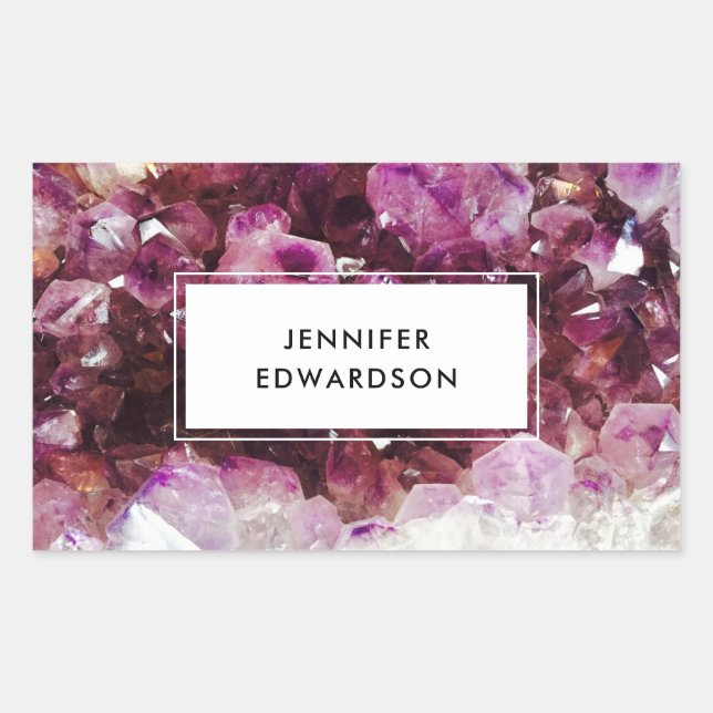 Purple amethyst gemstone crystal professional rectangular sticker (Front)