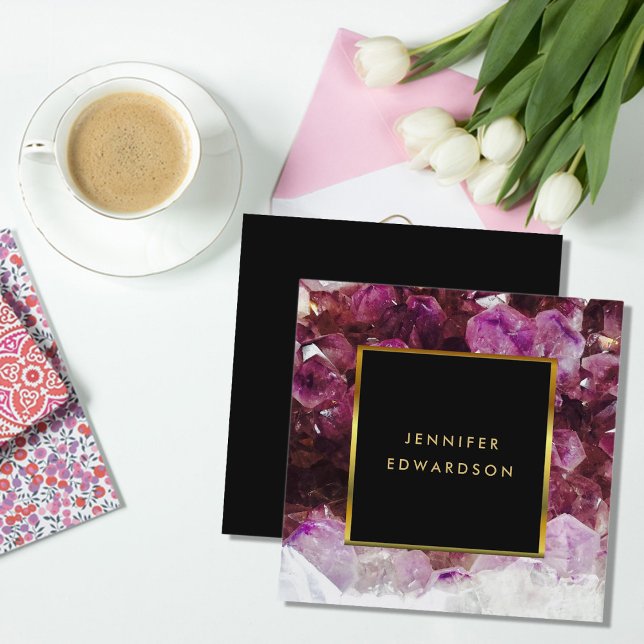 Purple amethyst gemstone crystal professional square business card (Purple amethyst gemstone, black gold frame, professional square business card.)