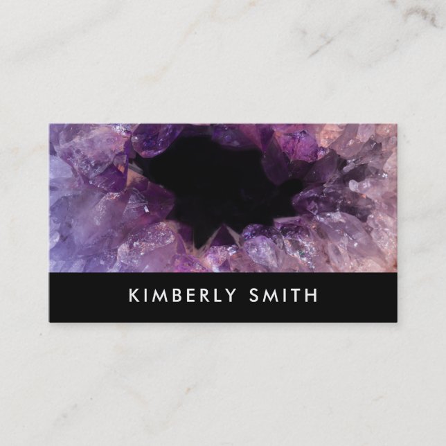 Purple amethyst gemstone geode black professional business card (Front)