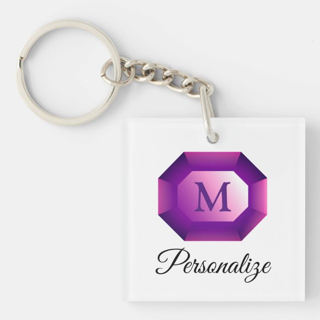 Purple Amethyst gemstone jewel custom monogram Key Ring (Front)