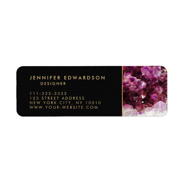 Purple amethyst gemstone mineral black return address label (Front)
