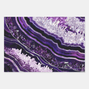 Purple Amethyst Geode and Silver Digital Art Wrapping Paper Sheet