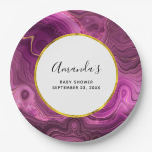 Purple Amethyst & Gold Abstract Agate Baby Shower Paper Plate